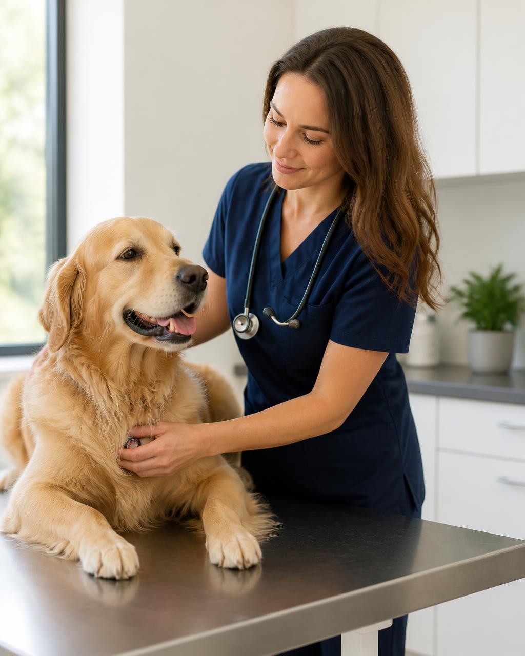 A veterinarian examining a golden retriever in a bright, modern clinic.