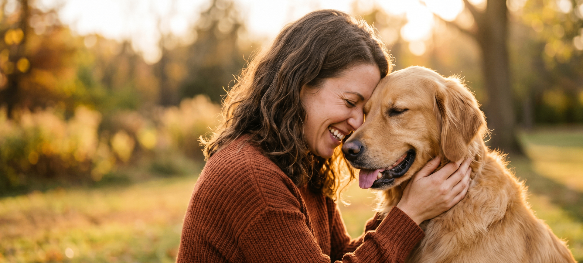 A woman smiling forehead-to-forehead with a golden retriever in warm autumn light.